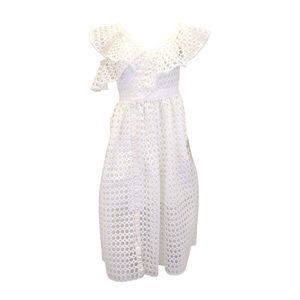 Self Portrait One Shoulder Ruffled Midi Dress in White Polyester Lace